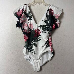 Albion Womens M Desert Rose Floral Ruffle Off The Shoulder One Piece Swimsuit